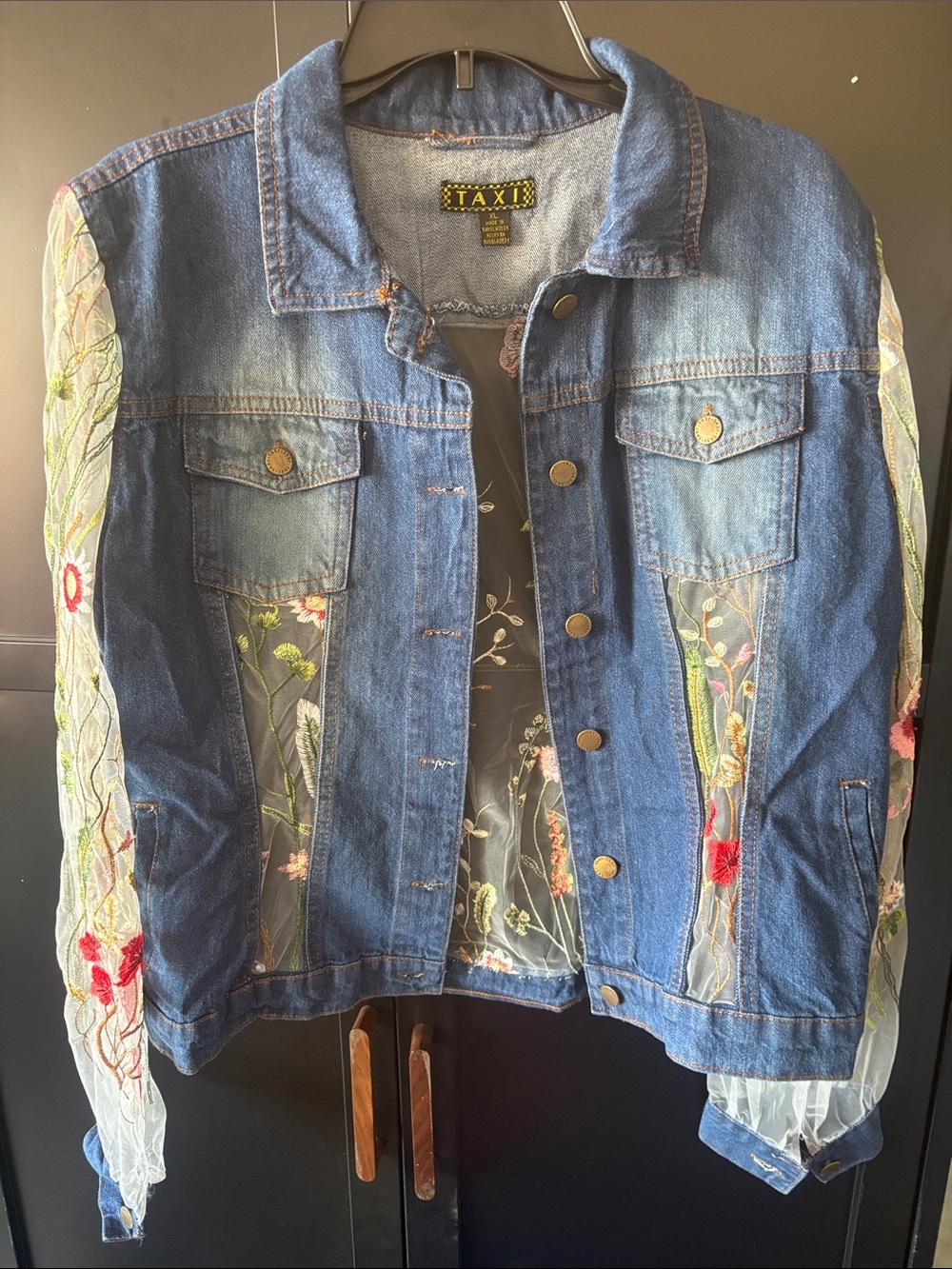 Taxi Blue Denim Jacket with Floral Embroidered Sheer Panels - designer created